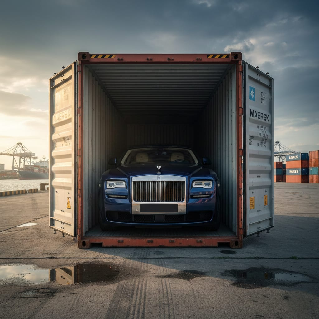 Rolls Royce Phantom safely transported from Dubai to London — secure, enclosed container delivery.